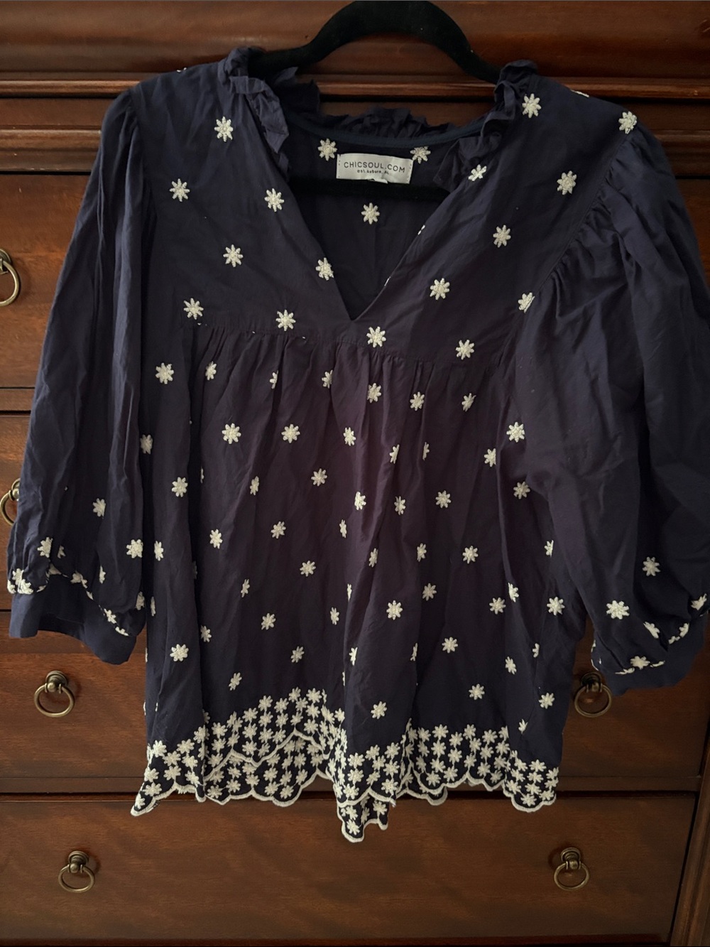 Chic Soul Navy Blouse with White Embroidery